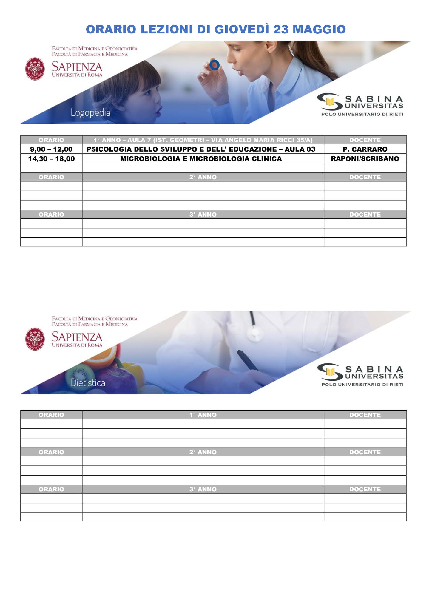 Professioni Sanitarie: orario lezioni di giovedì 23 maggio