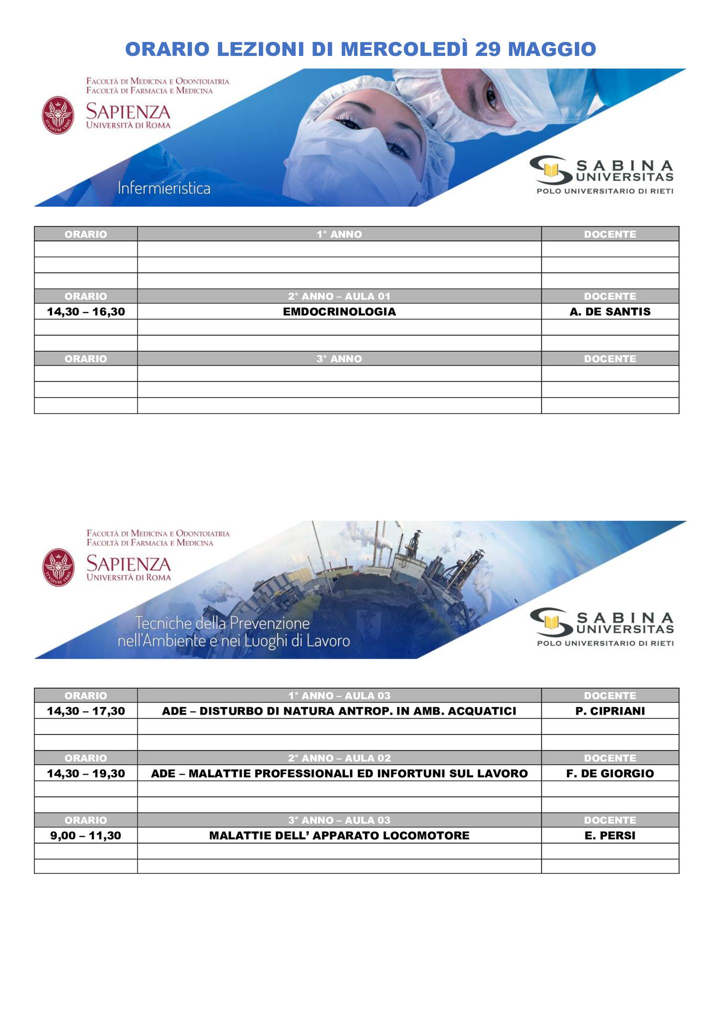 Professioni Sanitarie: orario lezioni di mercoledì 29 maggio