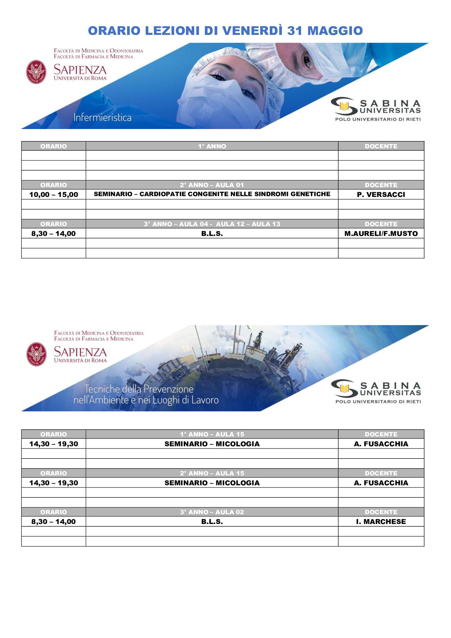 Professioni Sanitarie: orario lezioni di venerdì 31 maggio