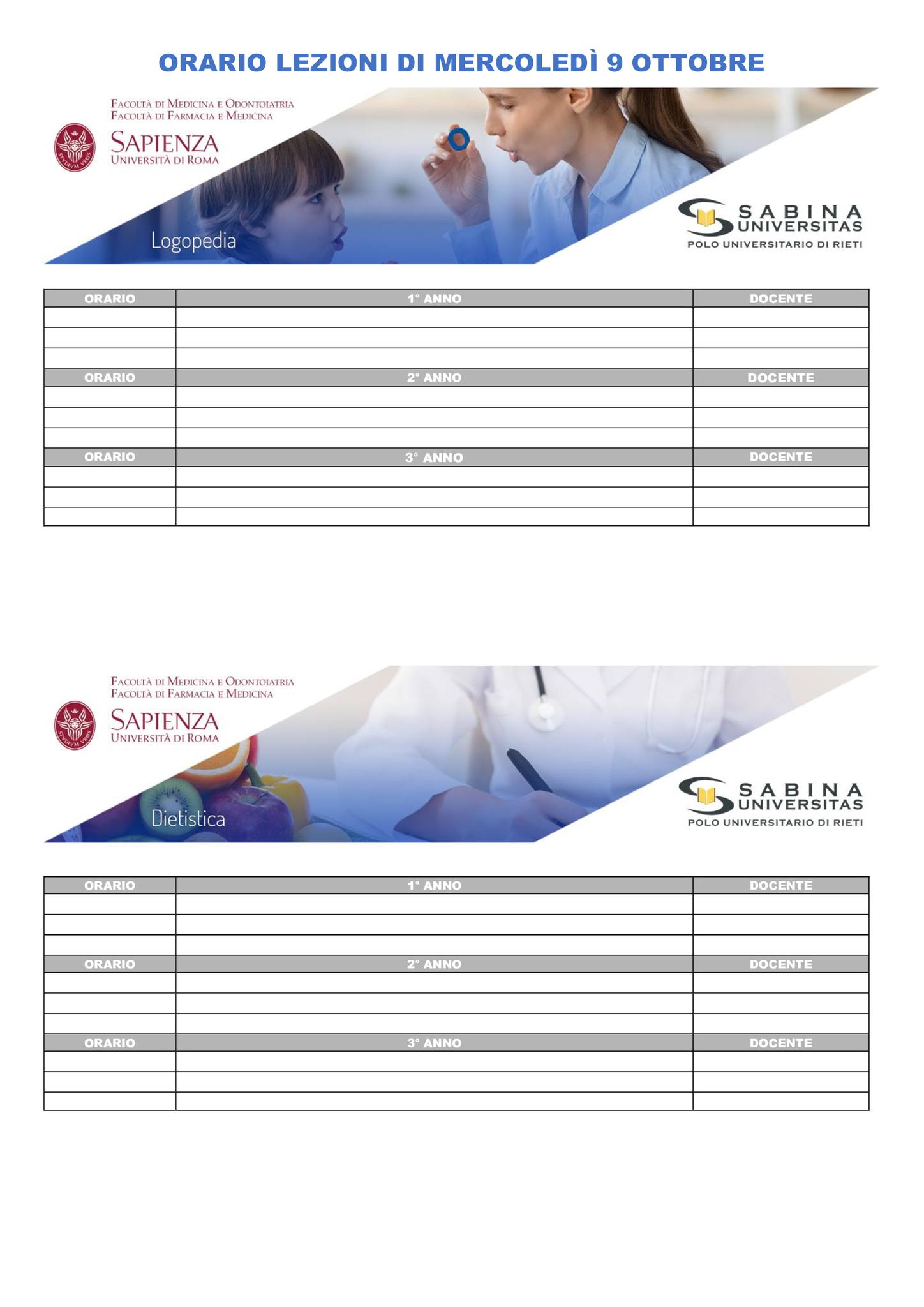 Professioni Sanitarie: orario lezioni di mercoledì 9 ottobre