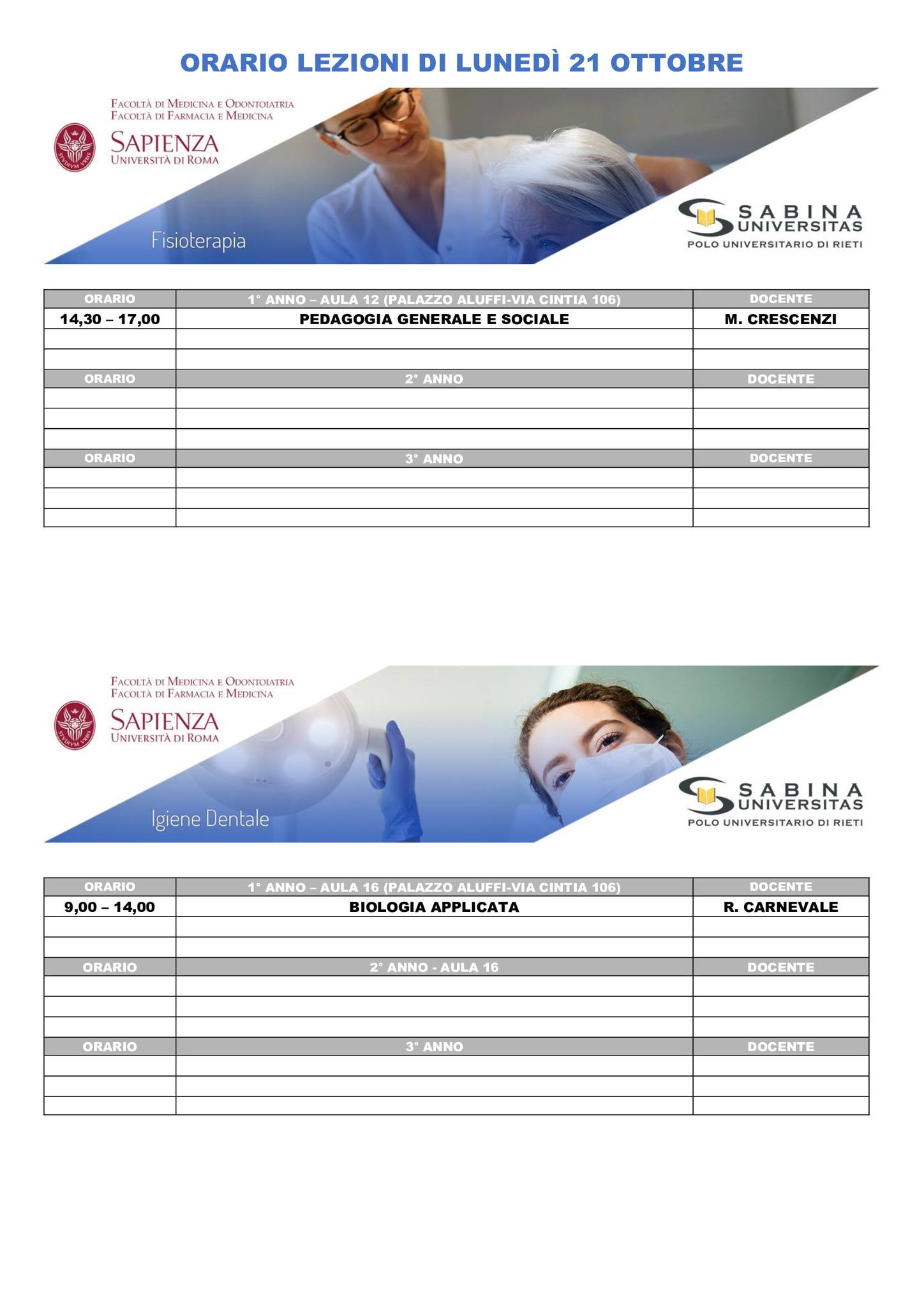 Professioni Sanitarie: orario lezioni di lunedì 21 ottobre