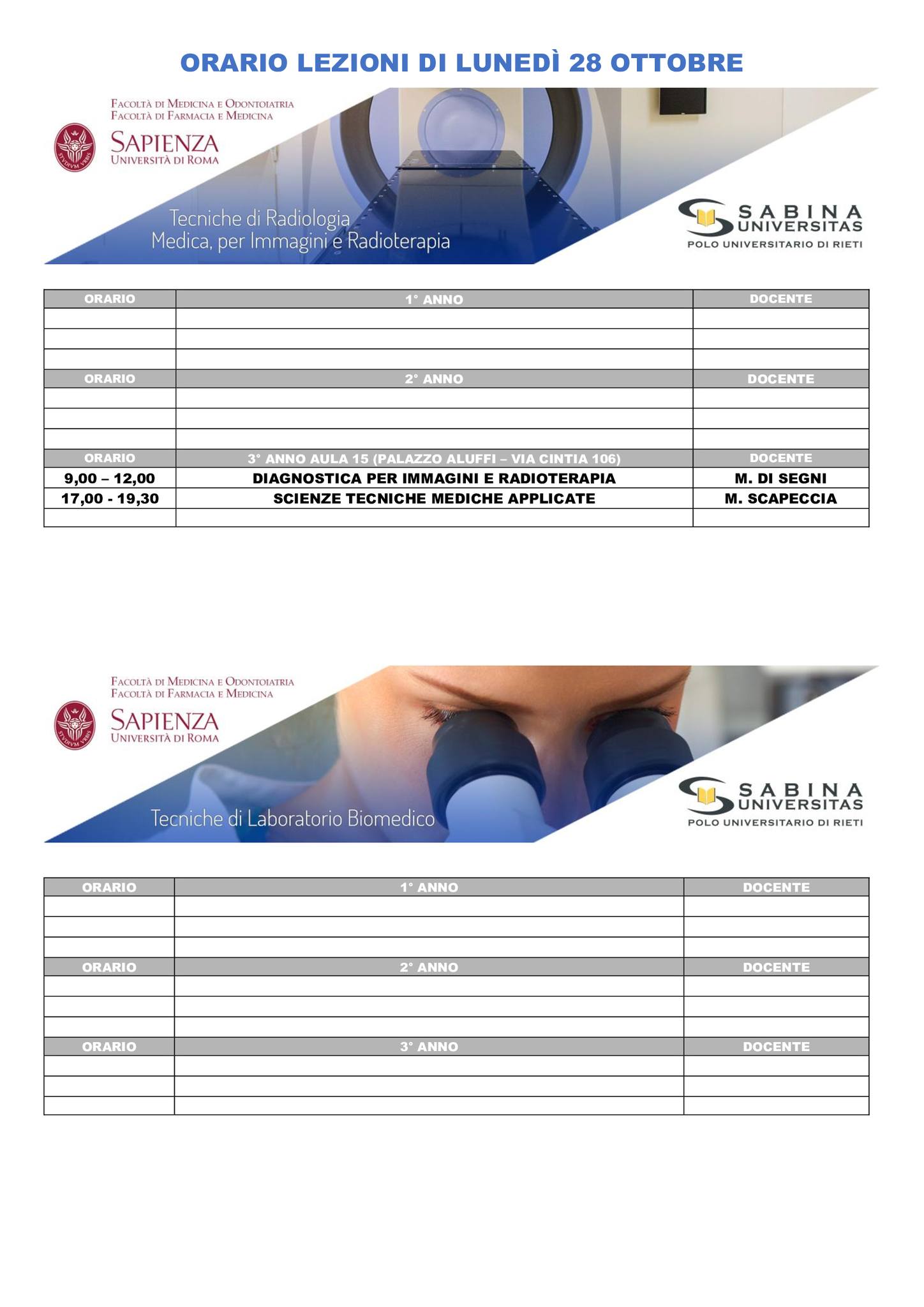 Professioni Sanitarie: orario lezioni di lunedì 28 ottobre