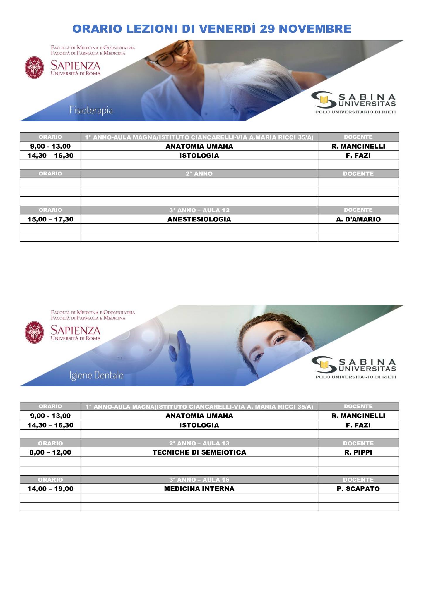 Professioni Sanitarie: orario lezioni di venerdì 29 novembre