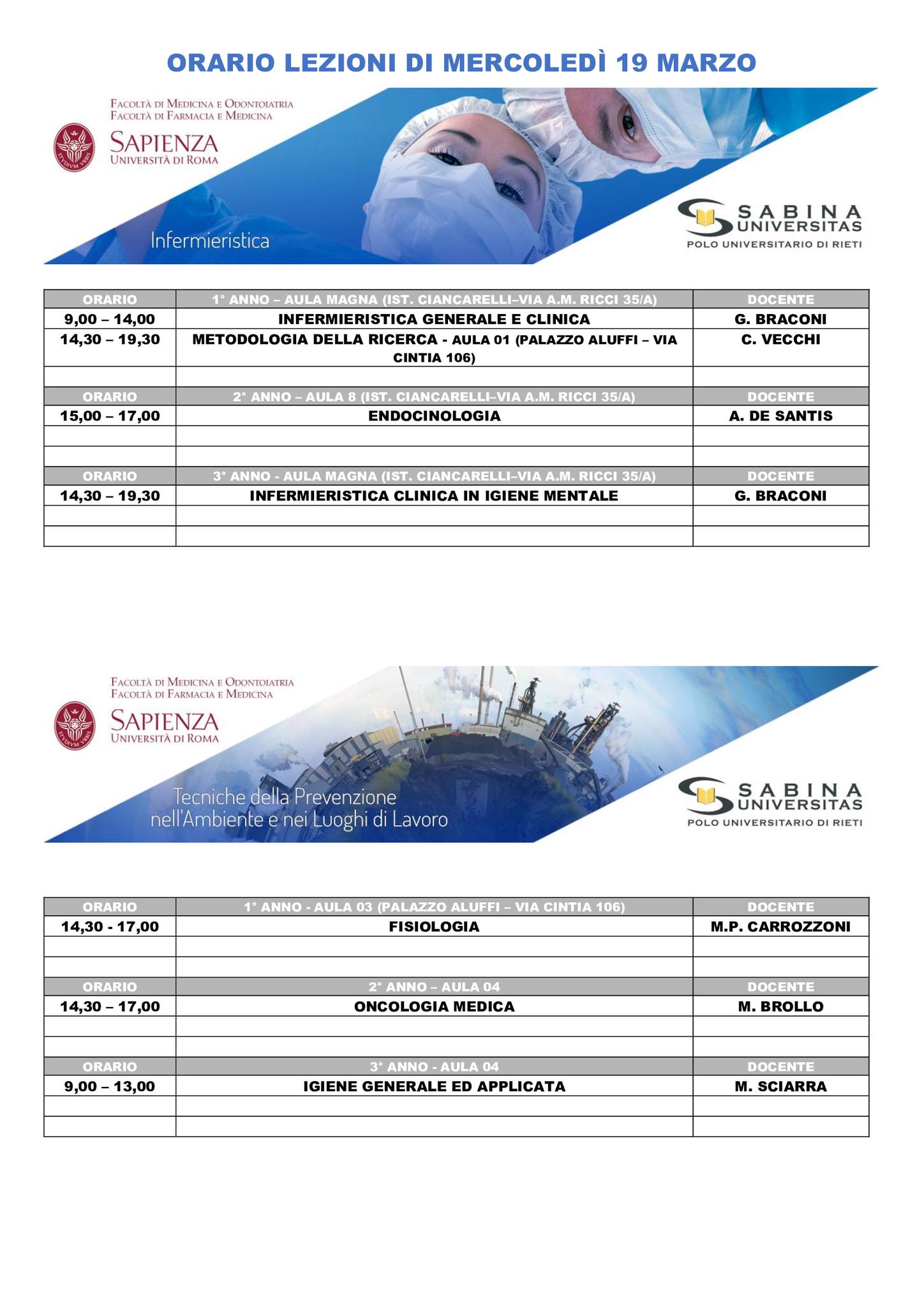 Professioni Sanitarie: orario lezioni di mercoledì 19 marzo
