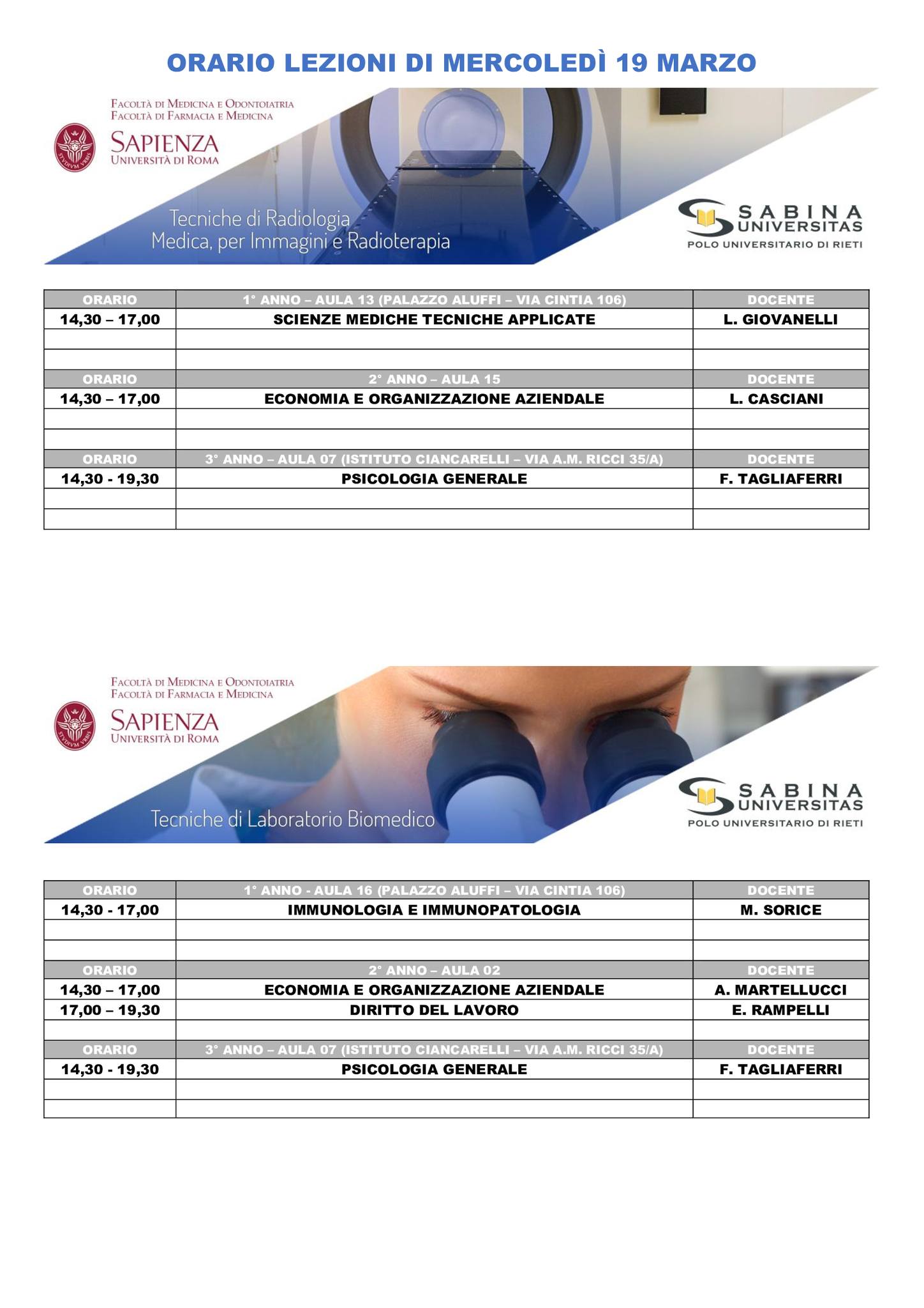 Professioni Sanitarie: orario lezioni di mercoledì 19 marzo