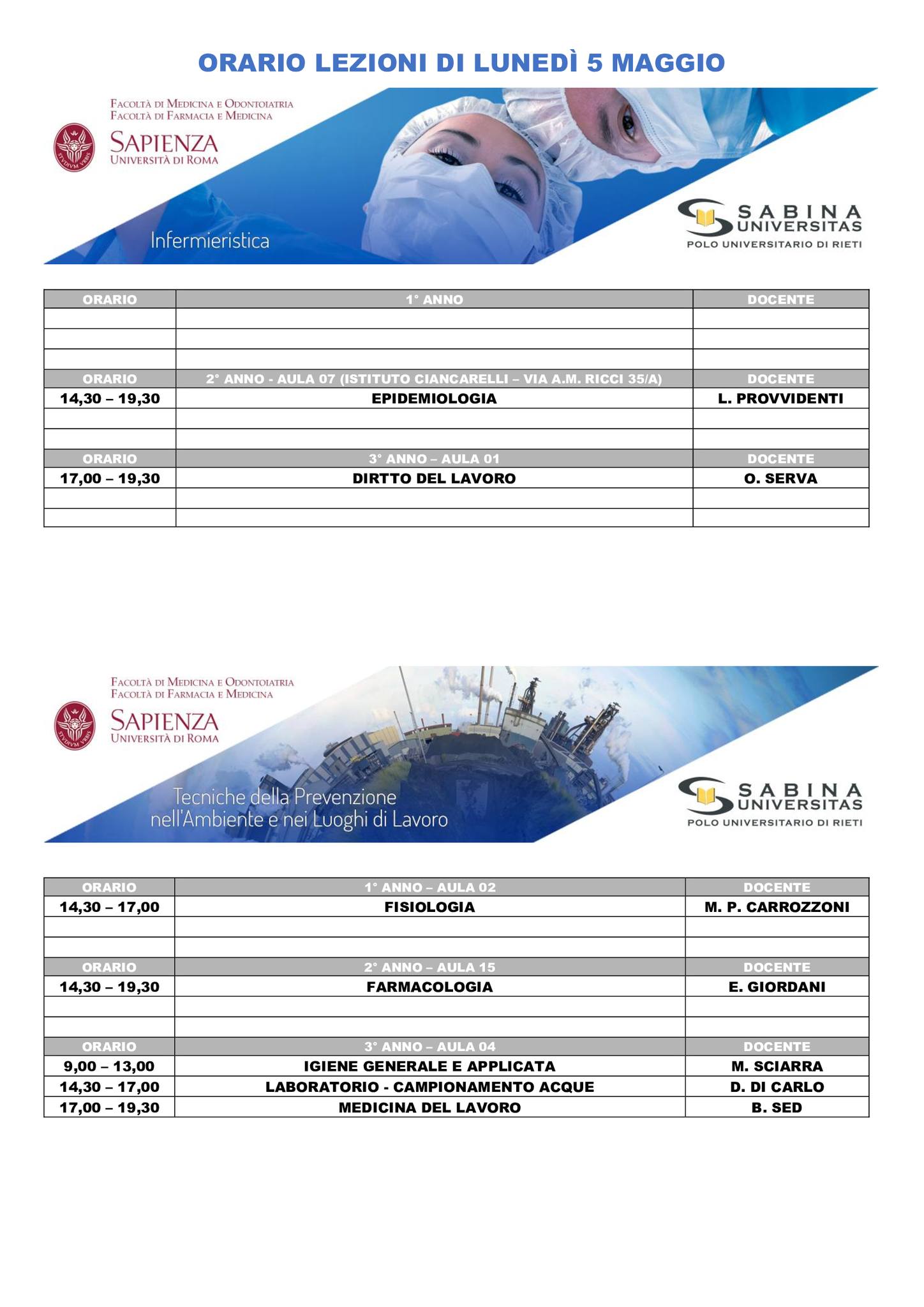 Professioni Sanitarie: orario lezioni di lunedì 5 maggio