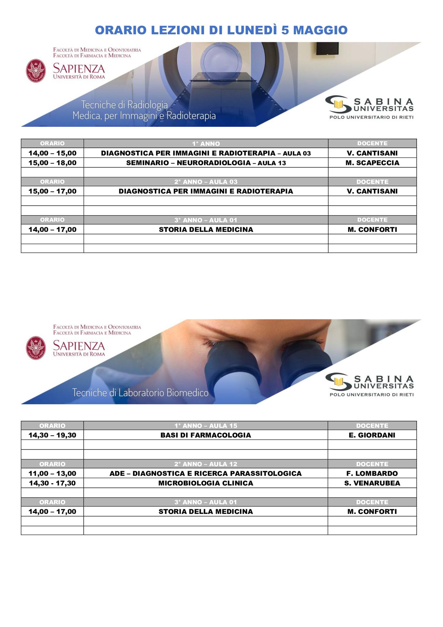 Professioni Sanitarie: orario lezioni di lunedì 5 maggio