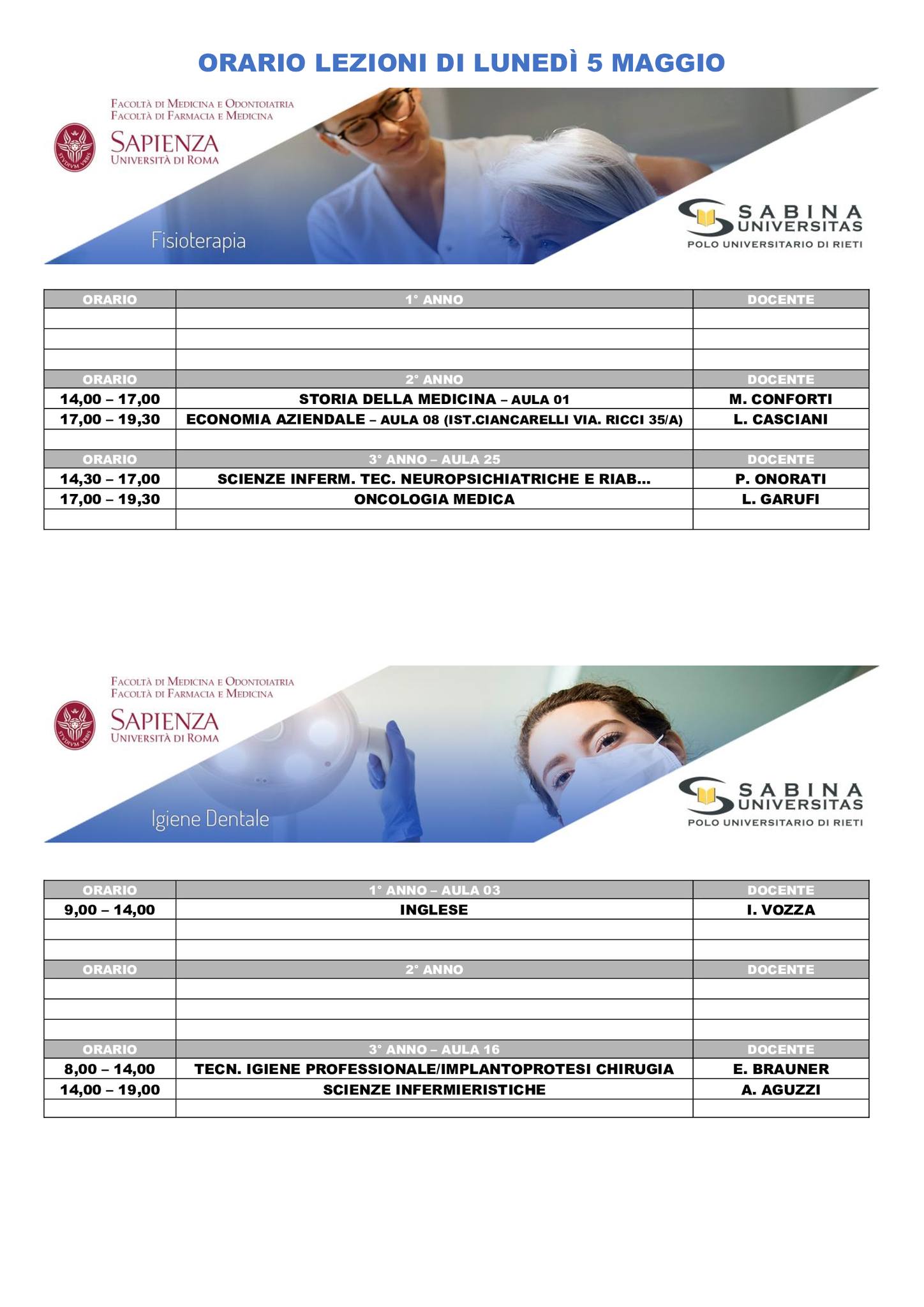 Professioni Sanitarie: orario lezioni di lunedì 5 maggio