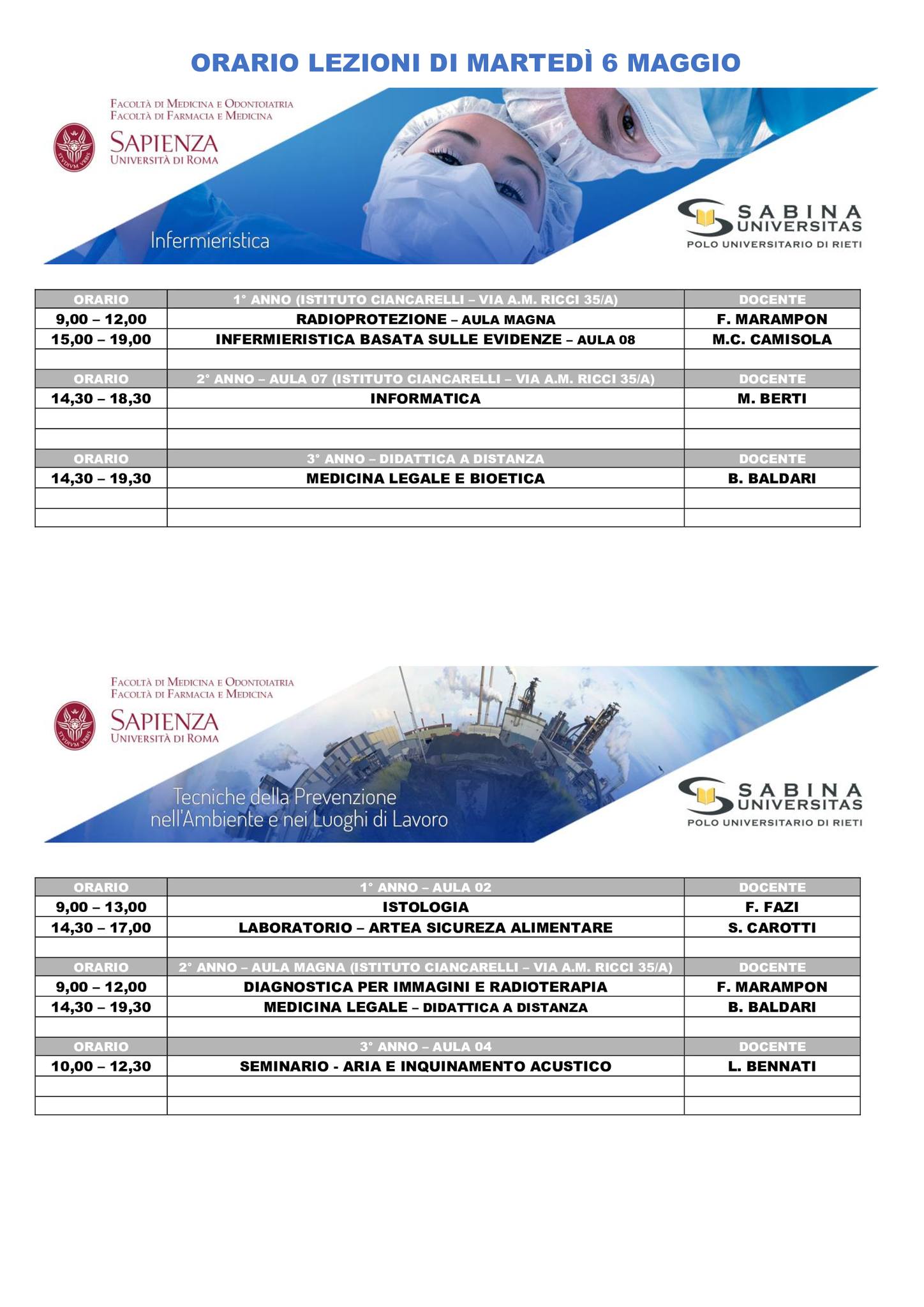 Professioni Sanitarie: orario lezioni di martedì 6 maggio