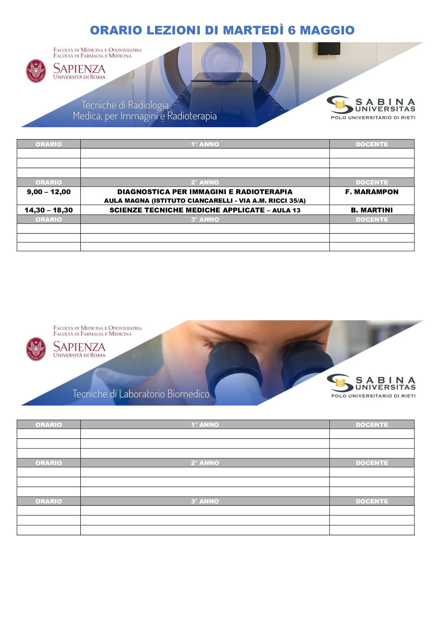 Professioni Sanitarie: orario lezioni di martedì 6 maggio