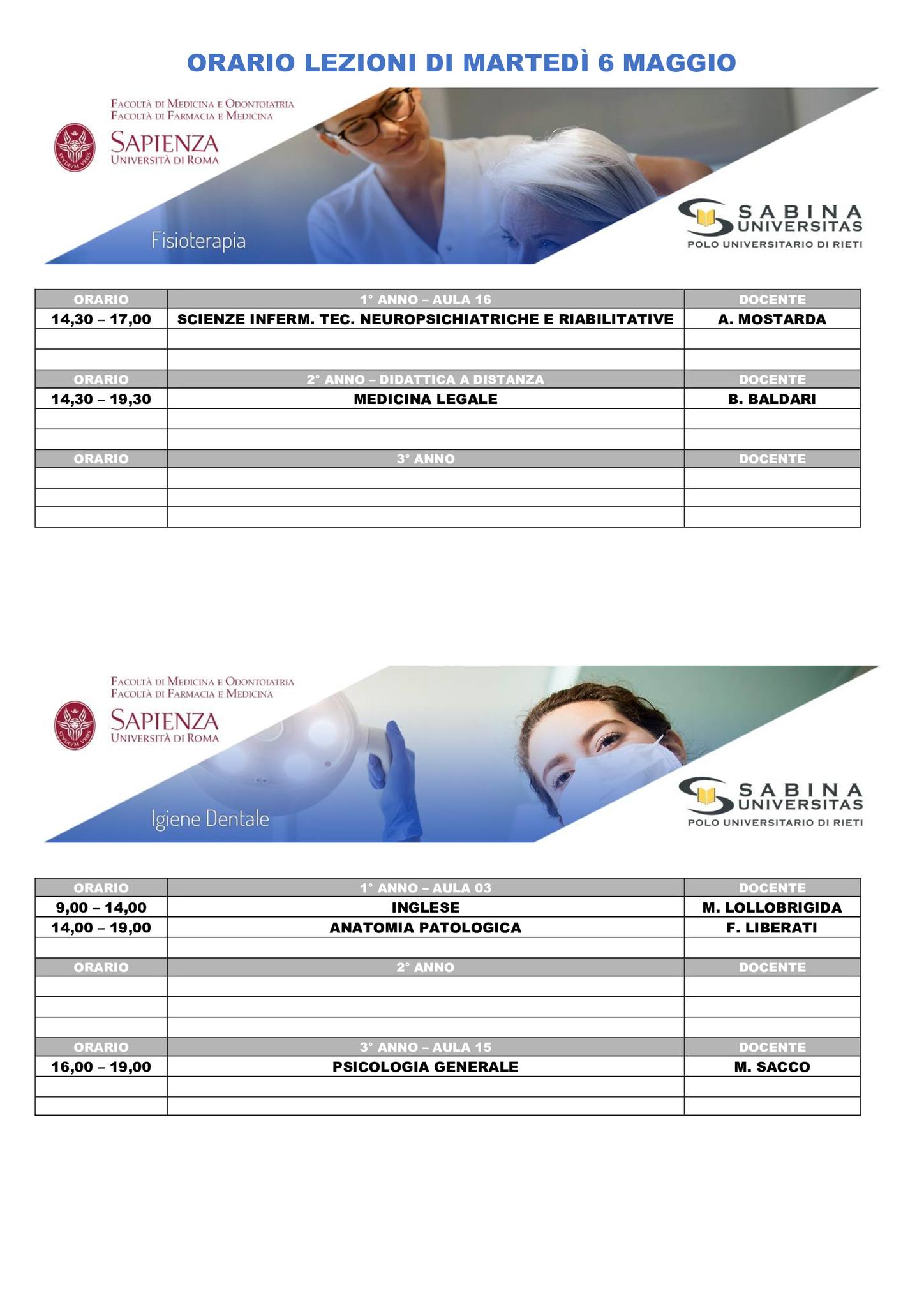 Professioni Sanitarie: orario lezioni di martedì 6 maggio
