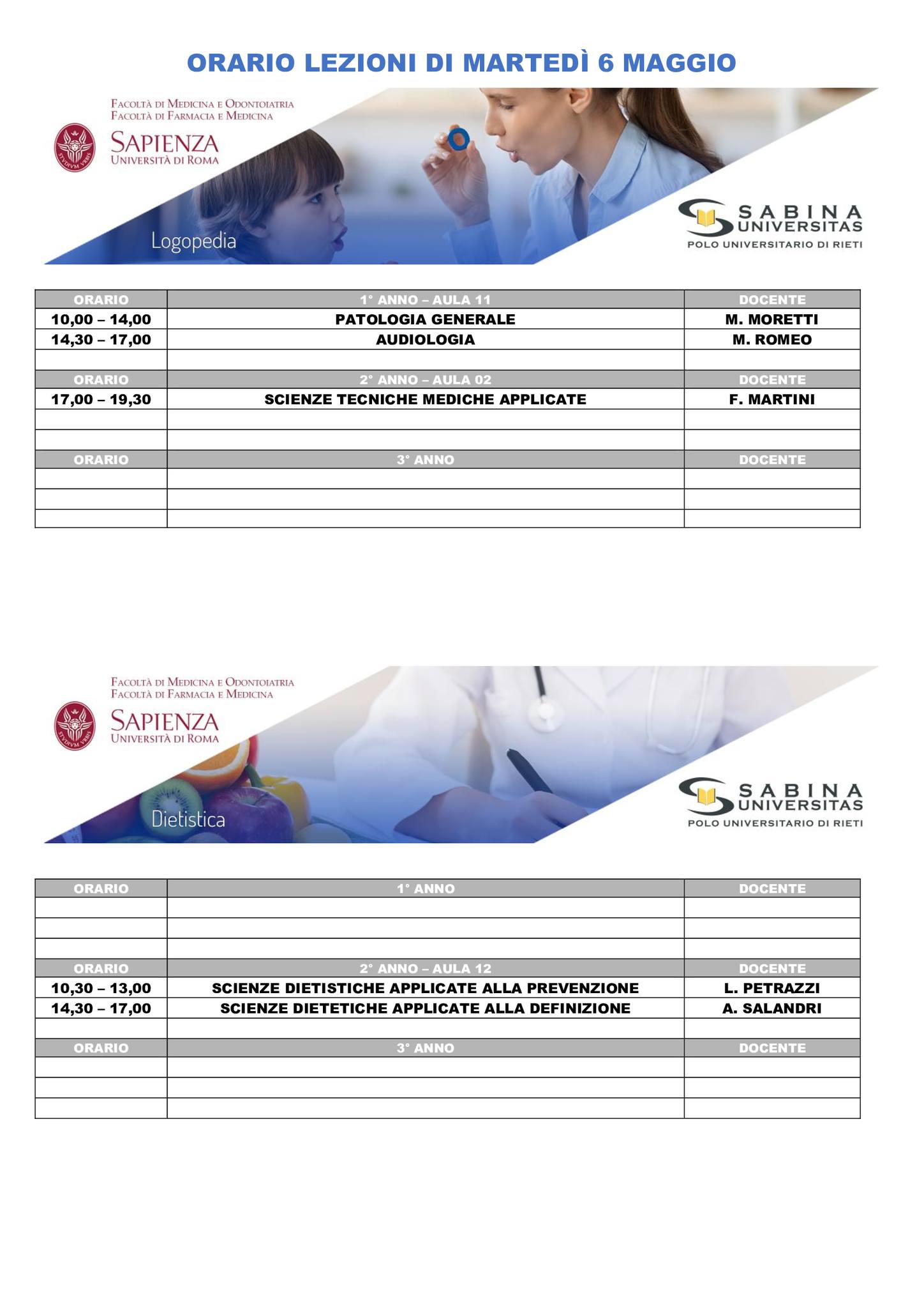 Professioni Sanitarie: orario lezioni di martedì 6 maggio