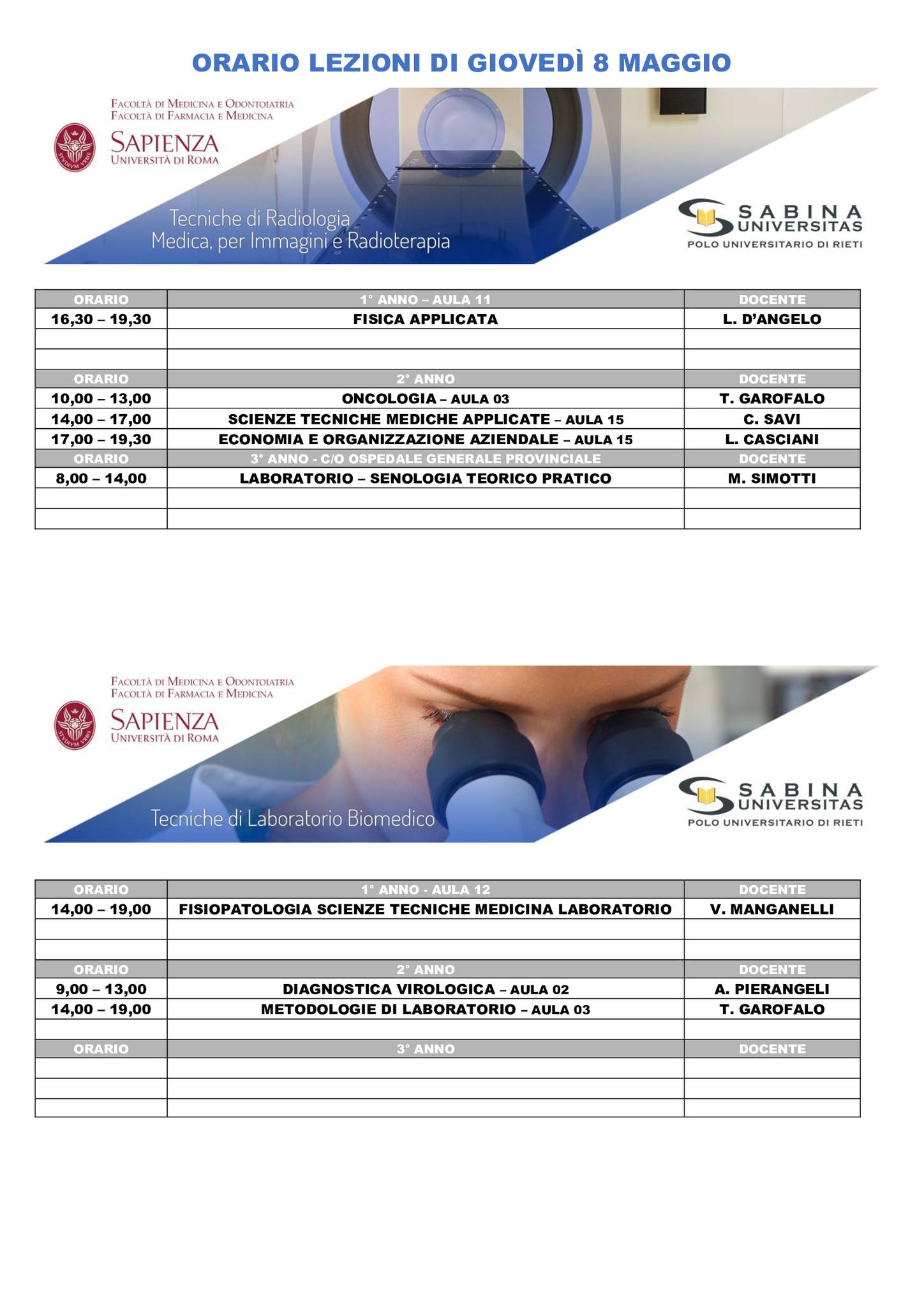 Professioni Sanitarie: orario lezioni di giovedì 8 maggio