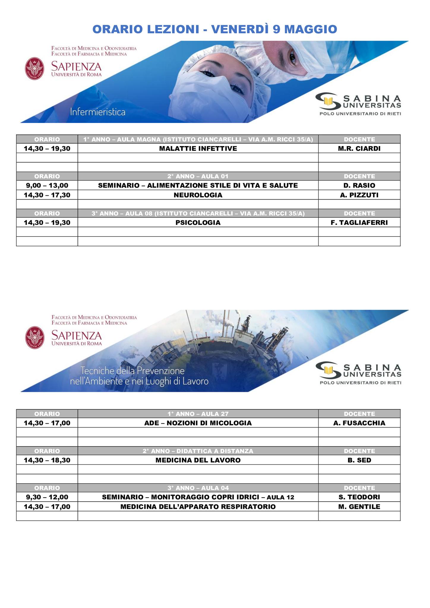 Professioni Sanitarie: orario lezioni di venerdì 9 maggio