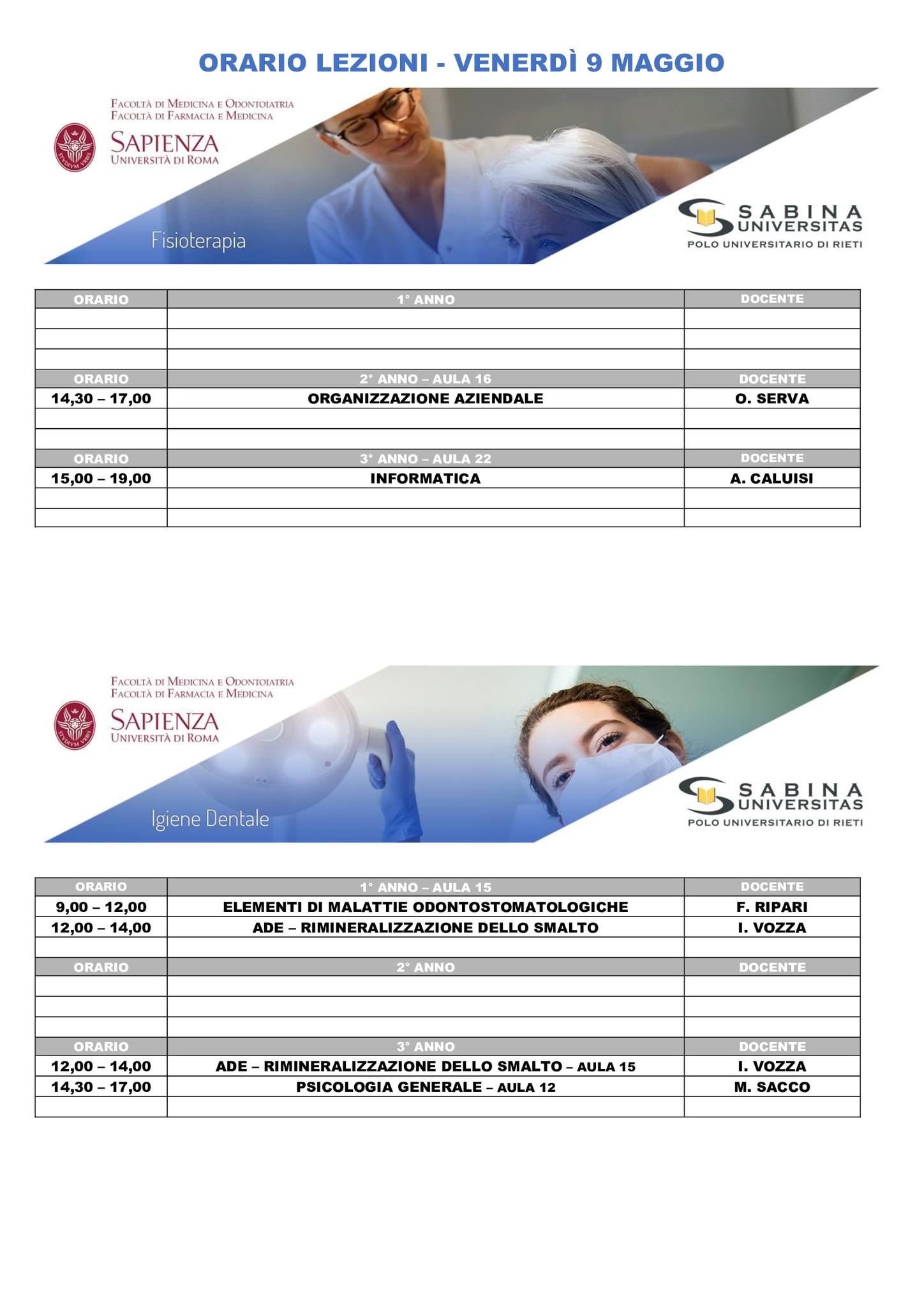 Professioni Sanitarie: orario lezioni di venerdì 9 maggio