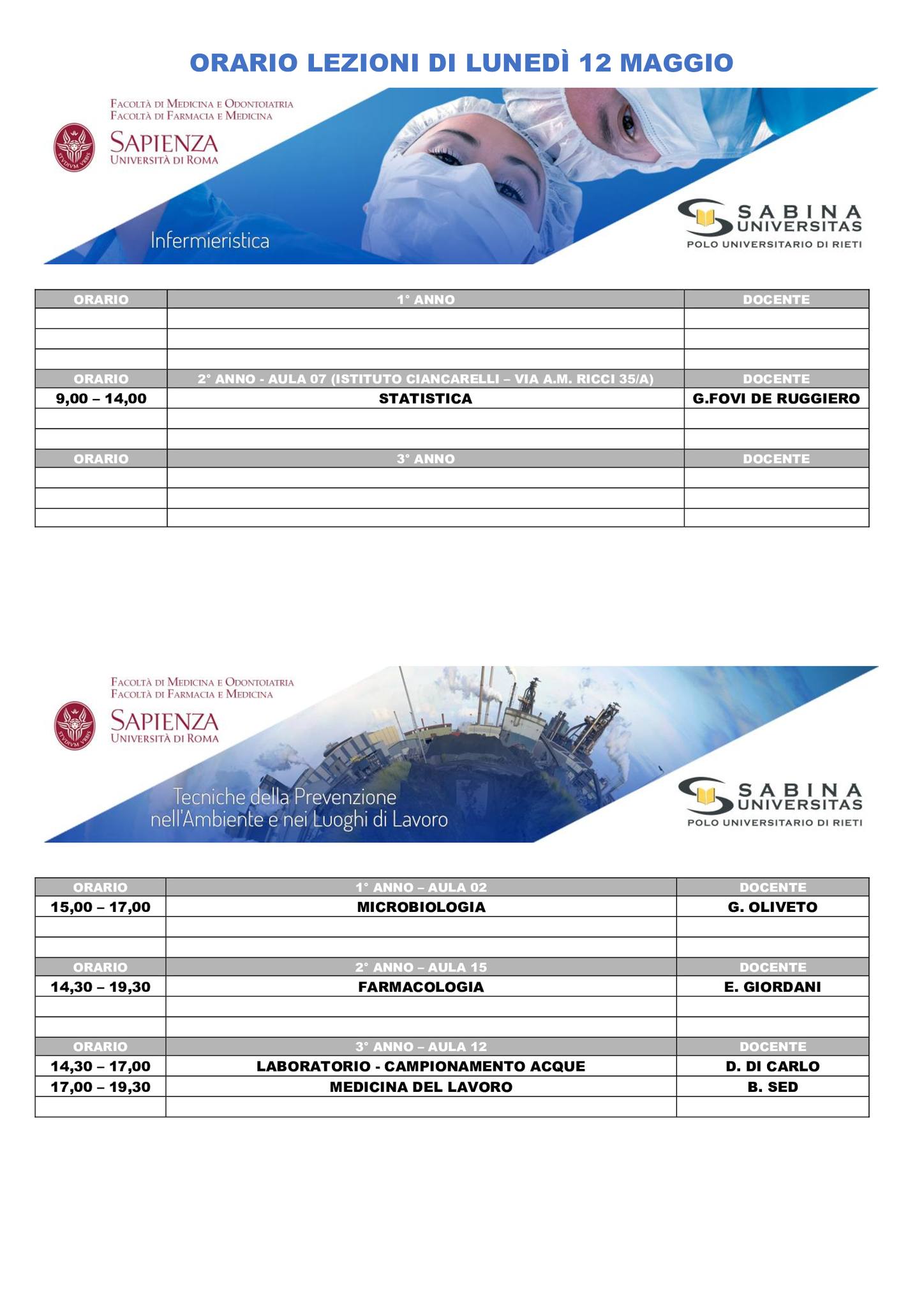 Professioni Sanitarie: orario lezioni di lunedì 12 maggio