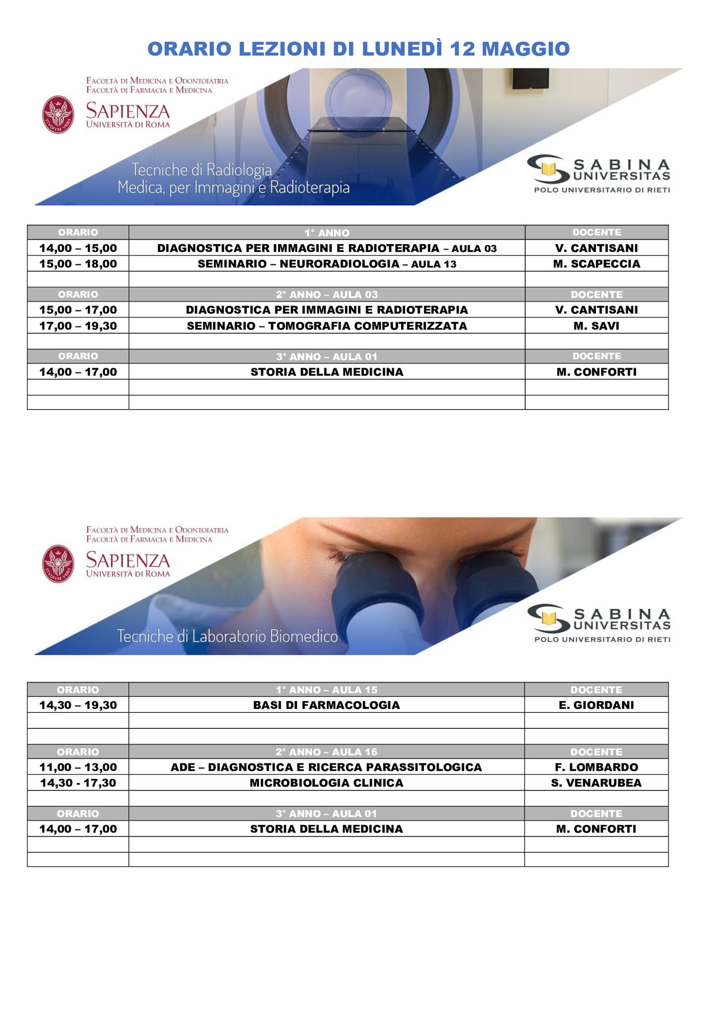 Professioni Sanitarie: orario lezioni di lunedì 12 maggio