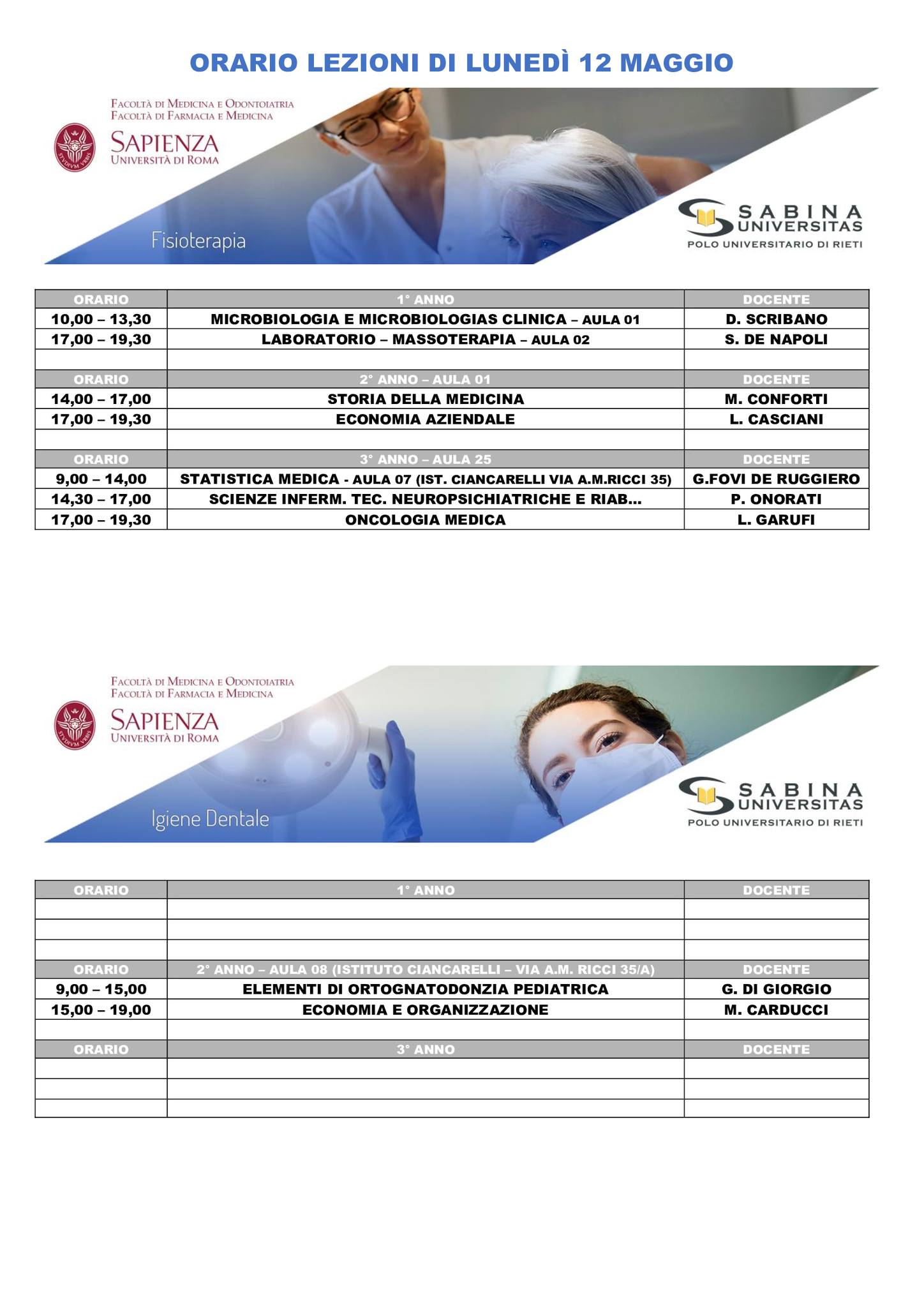 Professioni Sanitarie: orario lezioni di lunedì 12 maggio