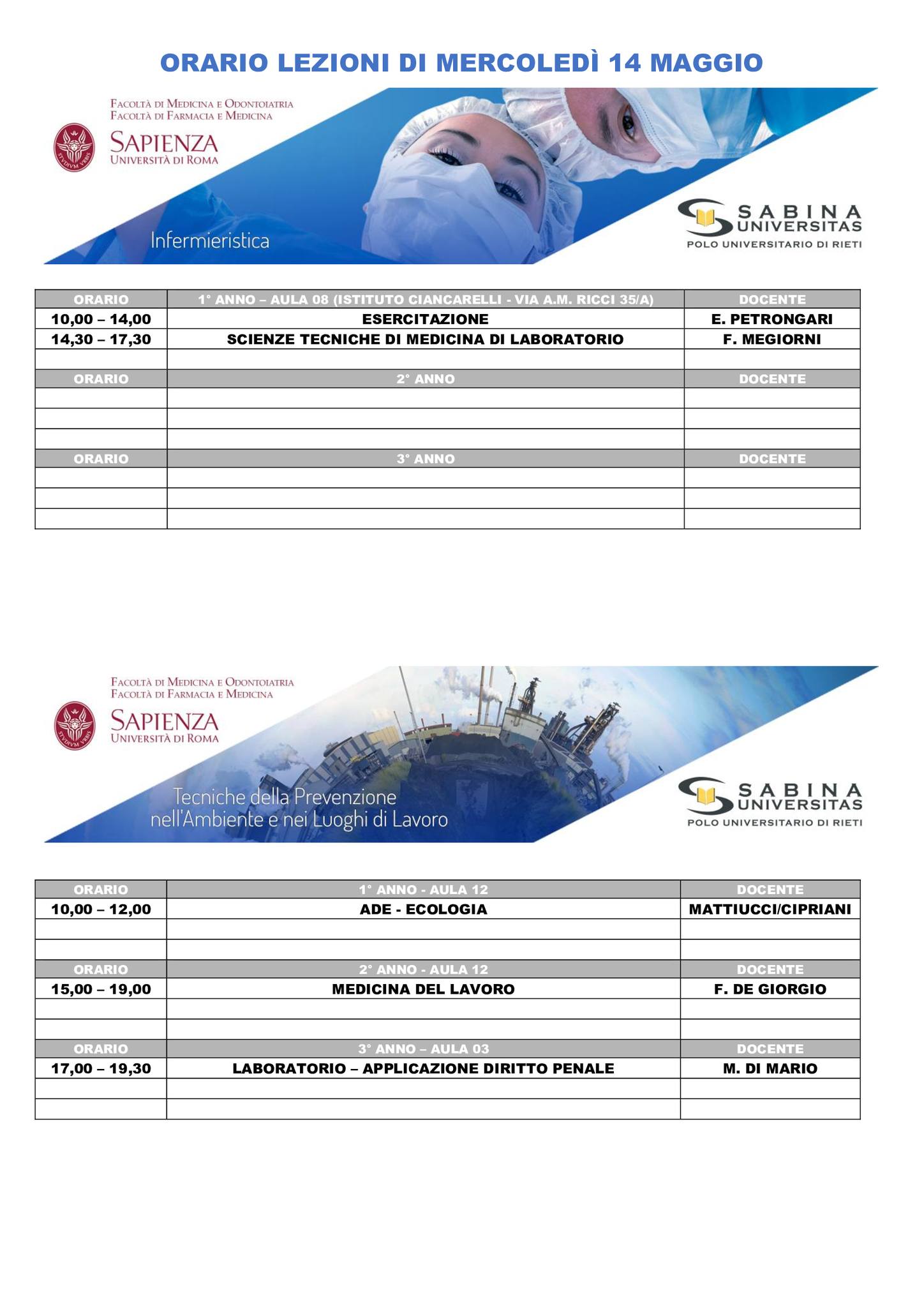 Professioni Sanitarie: orario lezioni di mercoledì 14 maggio