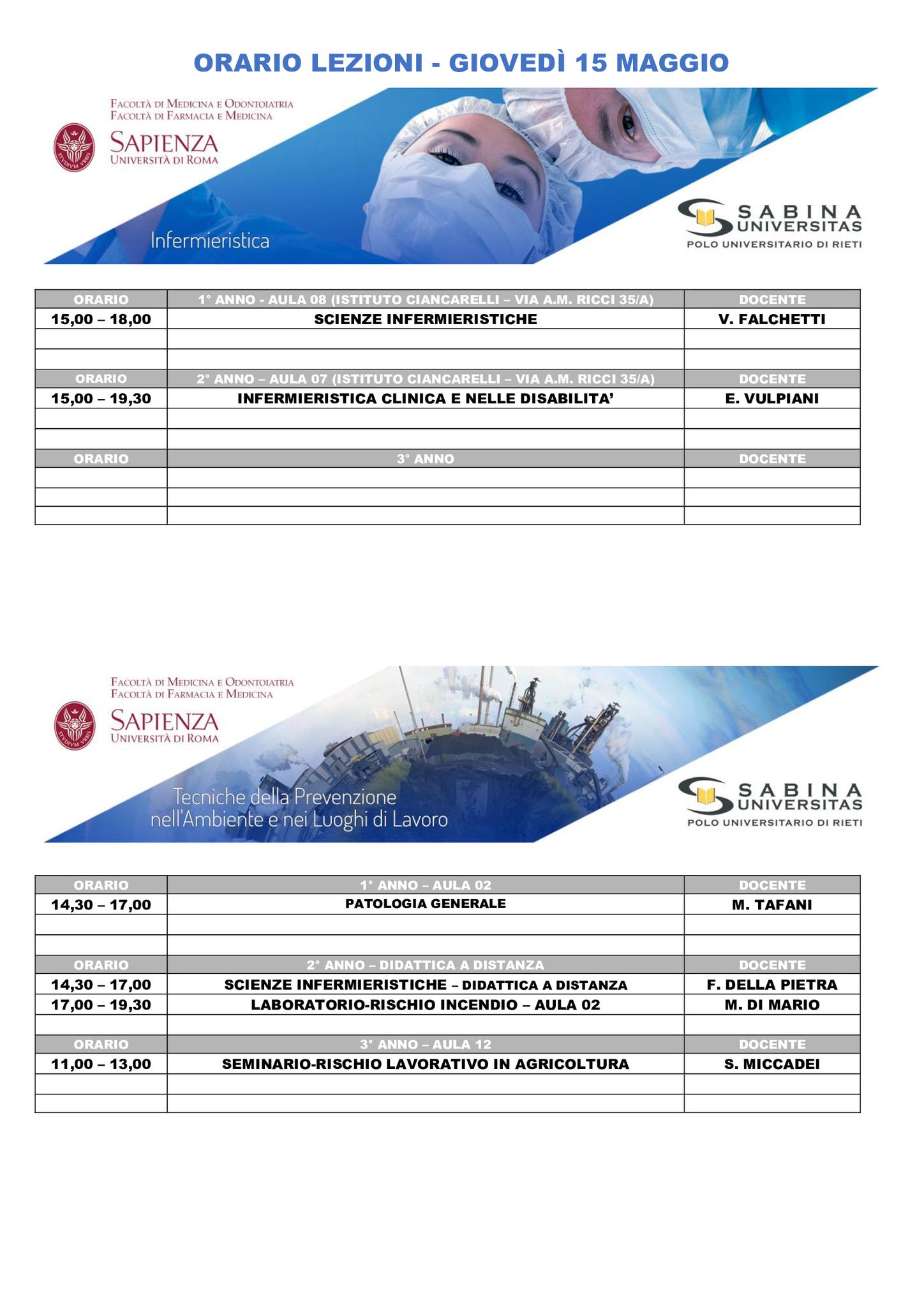 Professioni Sanitarie: orario lezioni di giovedì 15 maggio
