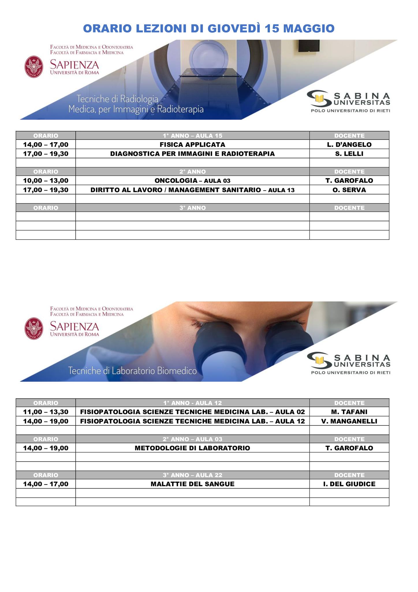 Professioni Sanitarie: orario lezioni di giovedì 15 maggio