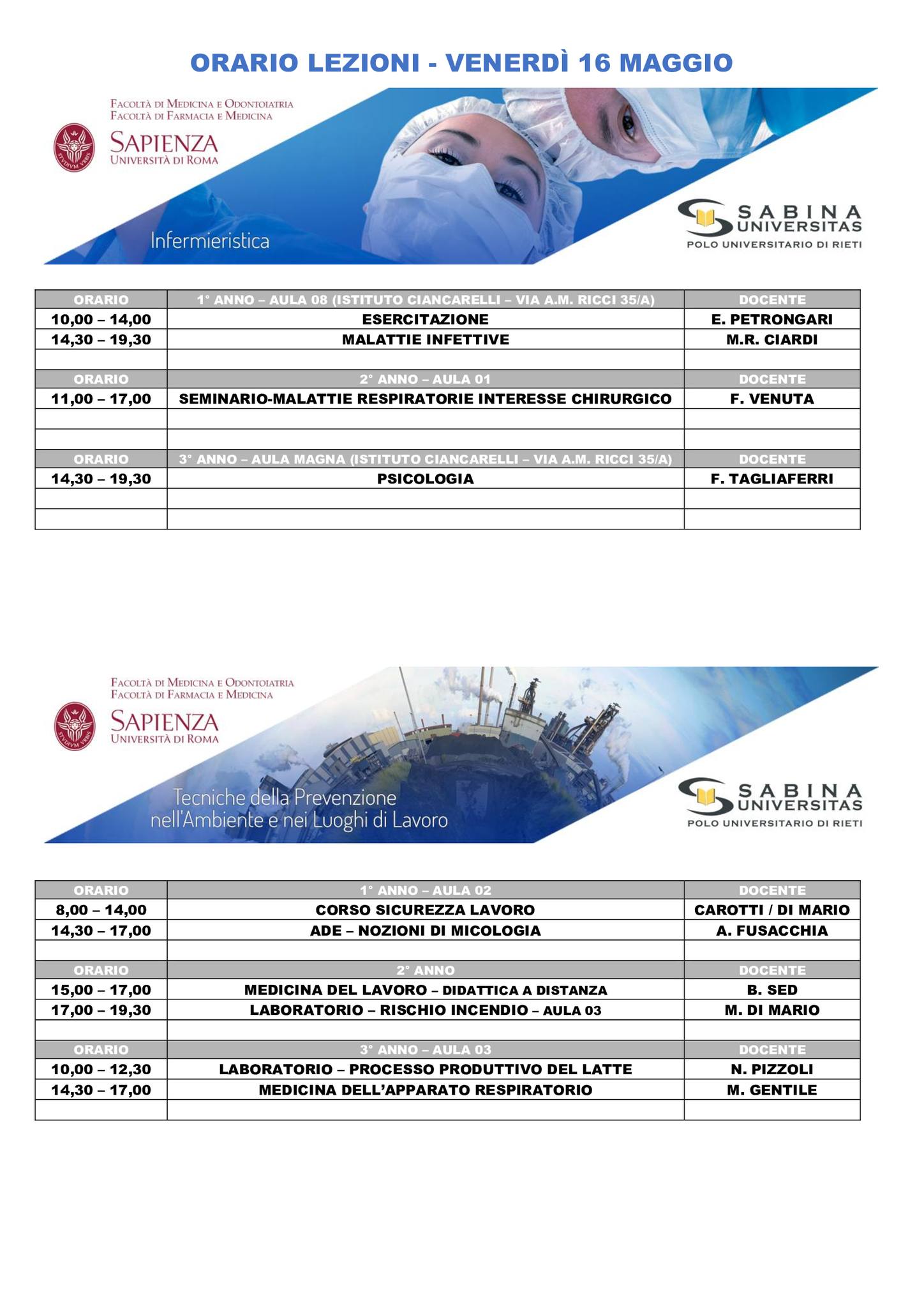 Professioni Sanitarie: orario lezioni di venerdì 16 maggio