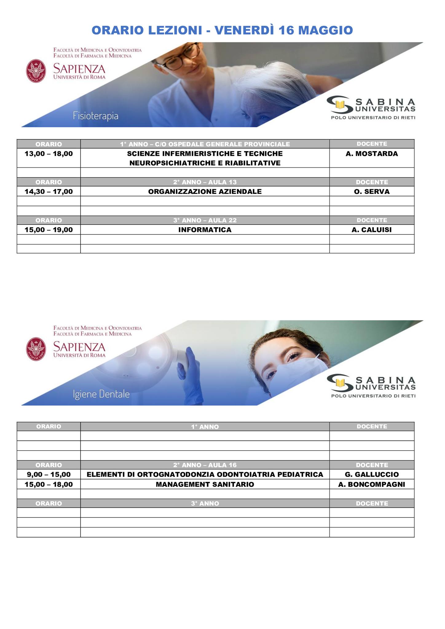 Professioni Sanitarie: orario lezioni di venerdì 16 maggio