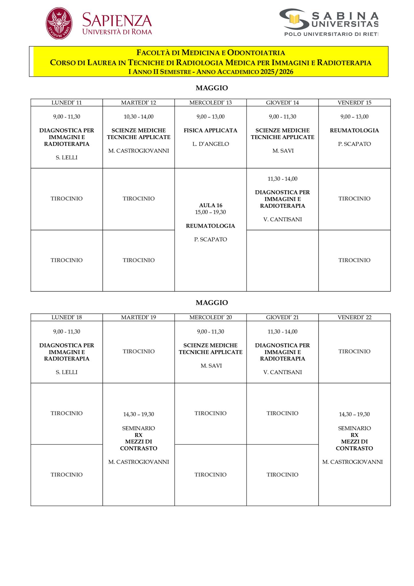 Tecniche di Radiologia Medica, per Immagini e Radioterapia: orario lezioni dall'11 al 22 maggio 2026
