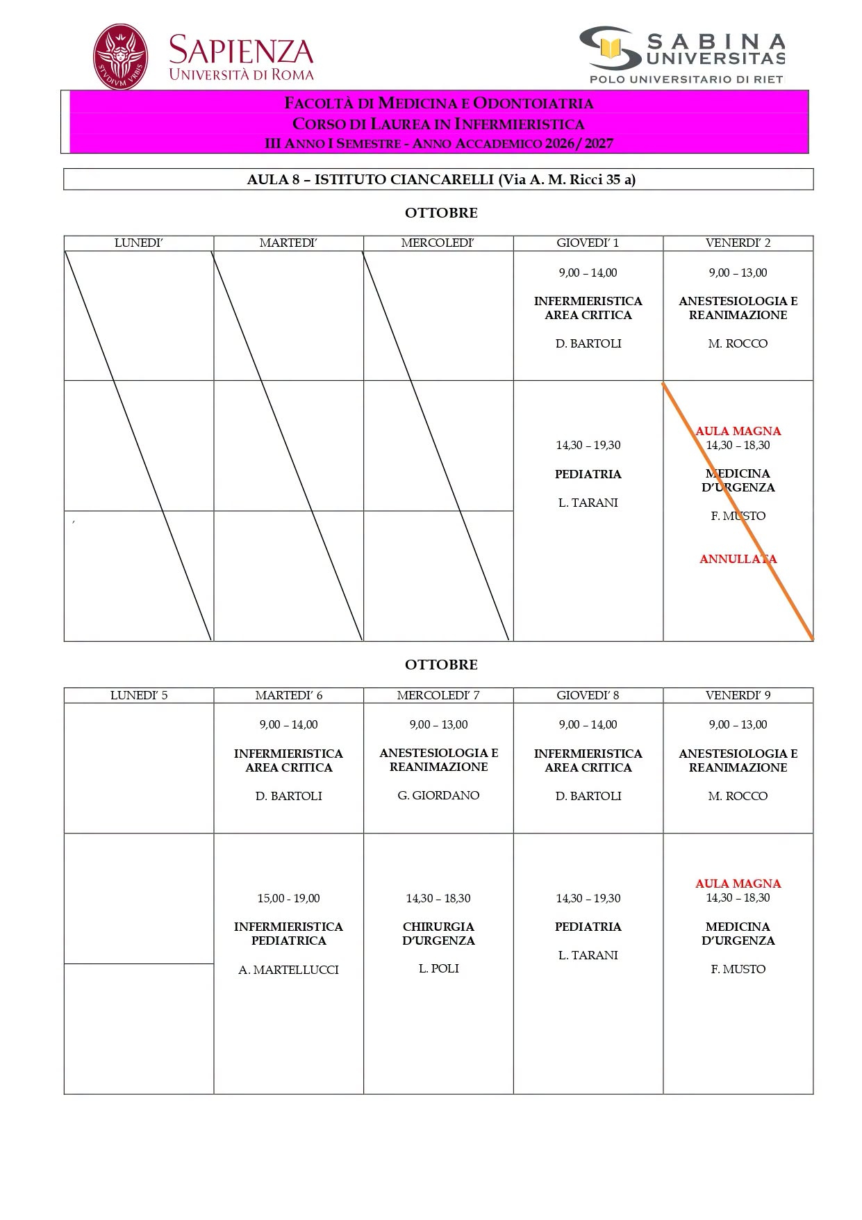 Infermieristica: orario lezioni dal 1° al 9 ottobre 2026
