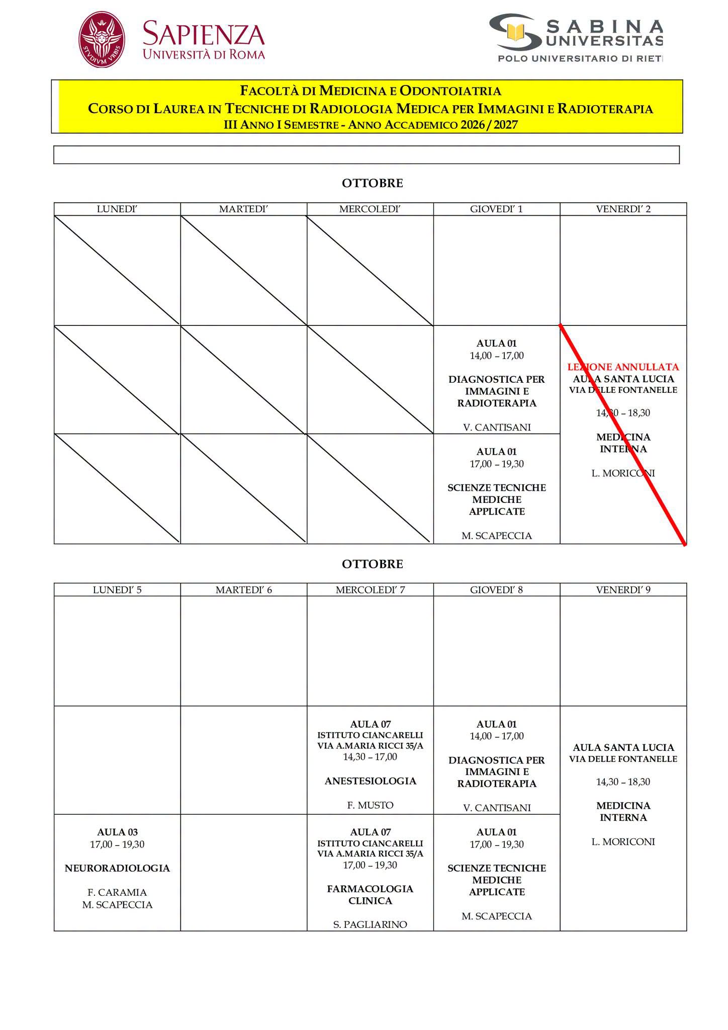 Tecniche di Radiologia Medica, per Immagini e Radioterapia: orario lezioni dal 1° al 9 ottobre 2026