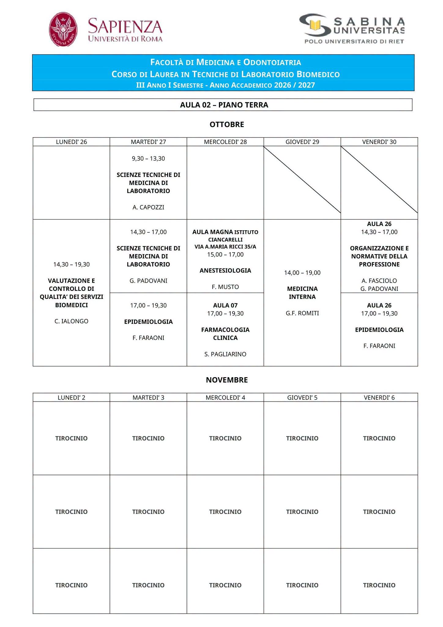 Tecniche di Laboratorio Biomedico: | Orario lezioni dal 26 ottobre al 6 novembre 2026