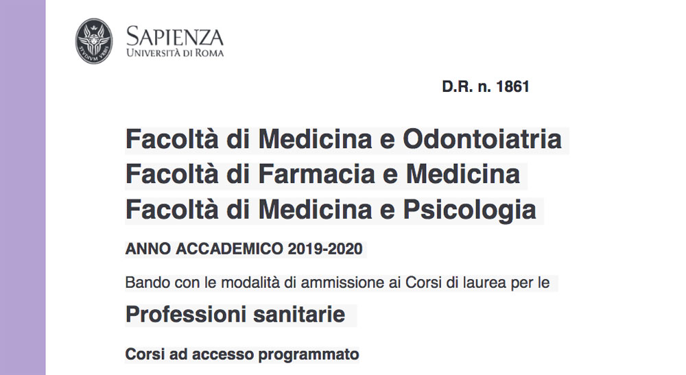 Sapienza | Bando con le modalità di ammissione ai Corsi di laurea per le Professioni sanitarie • ANNO ACCADEMICO 2019-2020