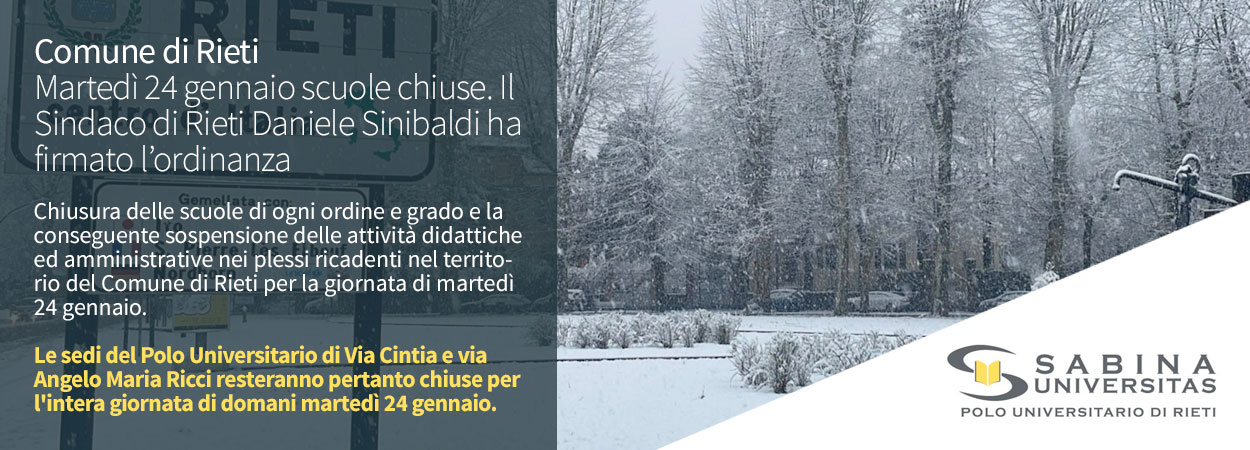 Comune di Rieti | Martedì 24 gennaio scuole chiuse. Il Sindaco di Rieti Daniele Sinibaldi ha firmato l’ordinanza