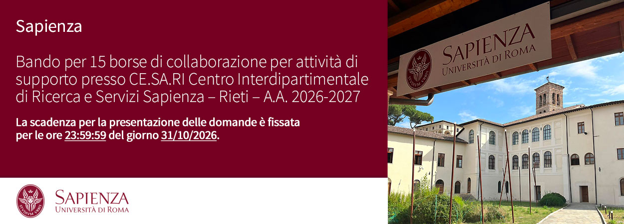Sapienza | Bando per 15 borse di collaborazione per attività di supporto presso CE.SA.RI Centro Interdipartimentale di Ricerca e Servizi Sapienza – Rieti – A.A. 2026-2027